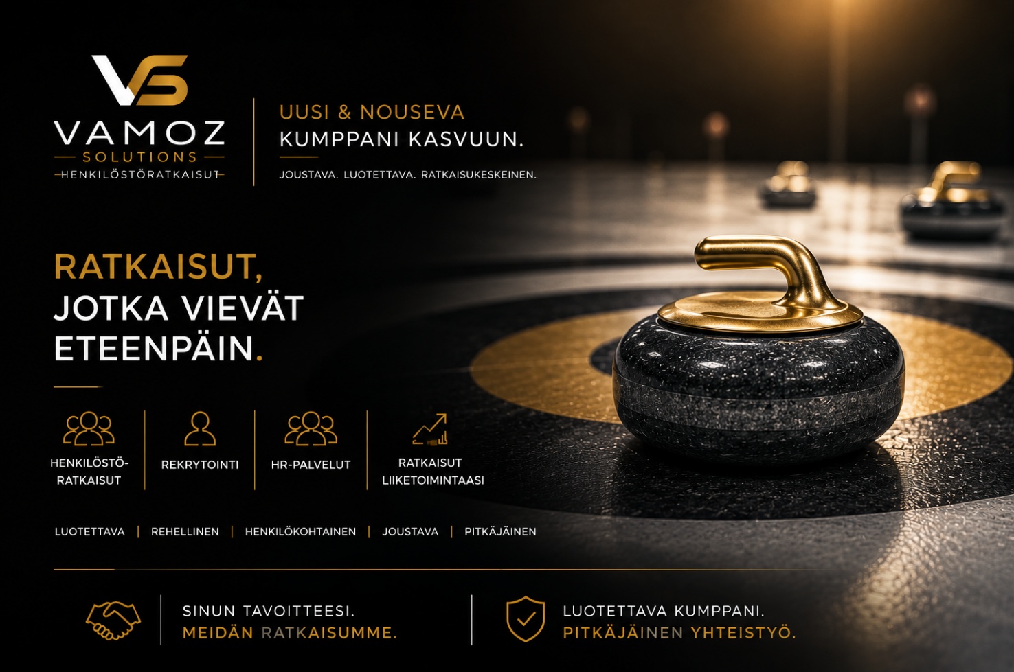 Vamoz Solutionsin kultainen curling-kivi, kasvua kuvaava brändireferenssi